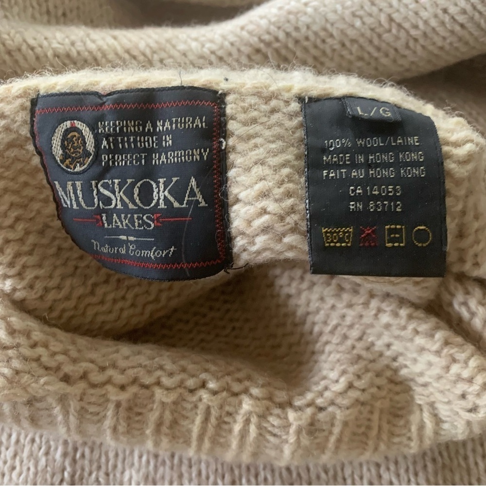 Muskoka Lakes Wool Sweater Pull on Cardigan Funnel Neck Moose & Snow Beige BRN L - Picture 11 of 15